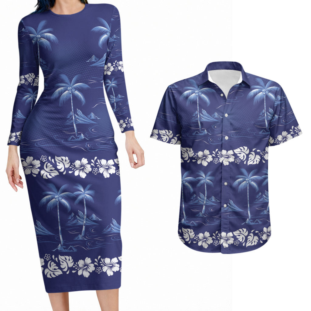 Blue Hawaii Palm Tree Hibiscus Couples Matching Long Sleeve Bodycon Dress and Hawaiian Shirt Fantasy Summer Vibe LT01 Blue - Polynesian Pride