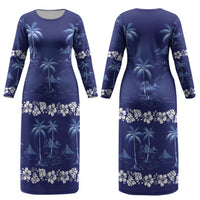 Blue Hawaii Palm Tree Hibiscus Couples Matching Long Sleeve Bodycon Dress and Hawaiian Shirt Fantasy Summer Vibe LT01 - Polynesian Pride