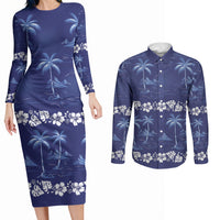 Blue Hawaii Palm Tree Hibiscus Couples Matching Long Sleeve Bodycon Dress and Long Sleeve Button Shirt Fantasy Summer Vibe LT01 Blue - Polynesian Pride
