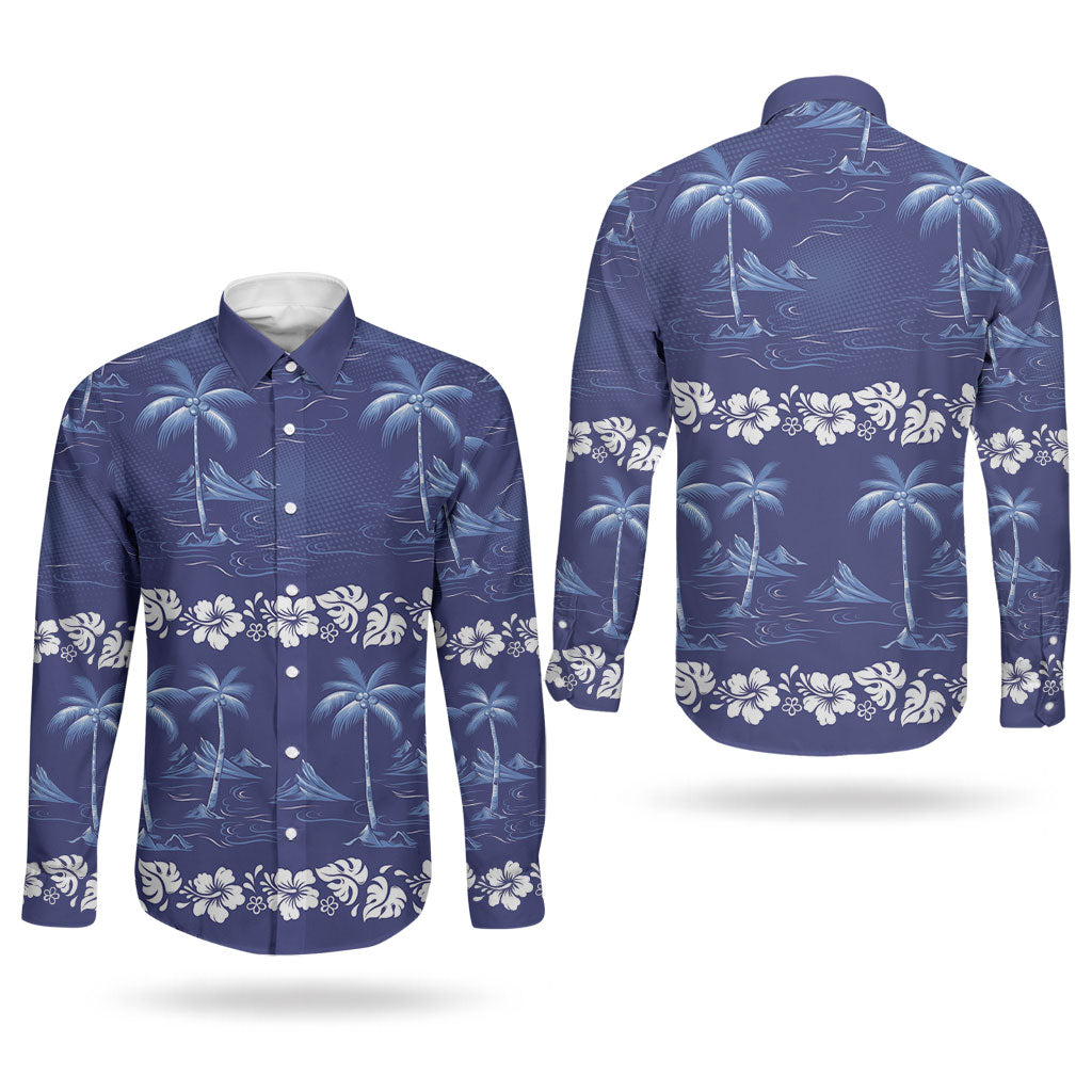 Blue Hawaii Palm Tree Hibiscus Couples Matching Long Sleeve Bodycon Dress and Long Sleeve Button Shirt Fantasy Summer Vibe LT01 - Polynesian Pride