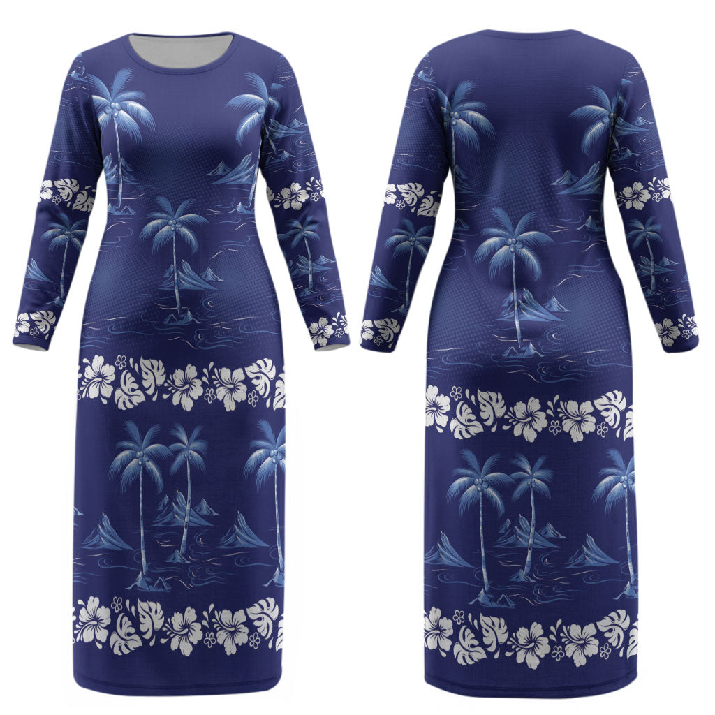 Blue Hawaii Palm Tree Hibiscus Couples Matching Long Sleeve Bodycon Dress and Long Sleeve Button Shirt Fantasy Summer Vibe LT01 - Polynesian Pride