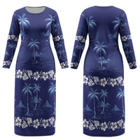 Blue Hawaii Palm Tree Hibiscus Couples Matching Long Sleeve Bodycon Dress and Long Sleeve Button Shirt Fantasy Summer Vibe LT01 - Polynesian Pride