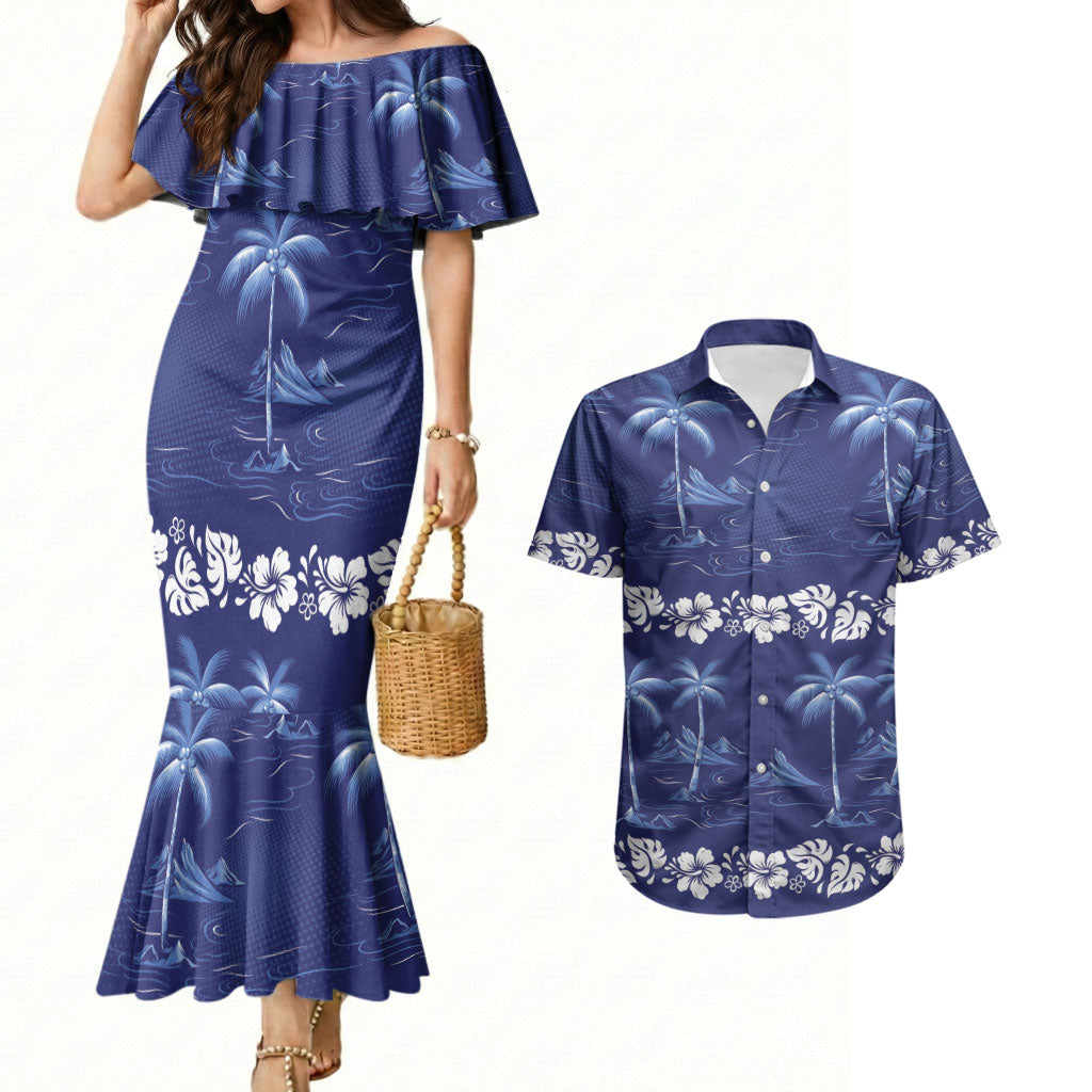 Blue Hawaii Palm Tree Hibiscus Couples Matching Mermaid Dress and Hawaiian Shirt Fantasy Summer Vibe LT01 Blue - Polynesian Pride