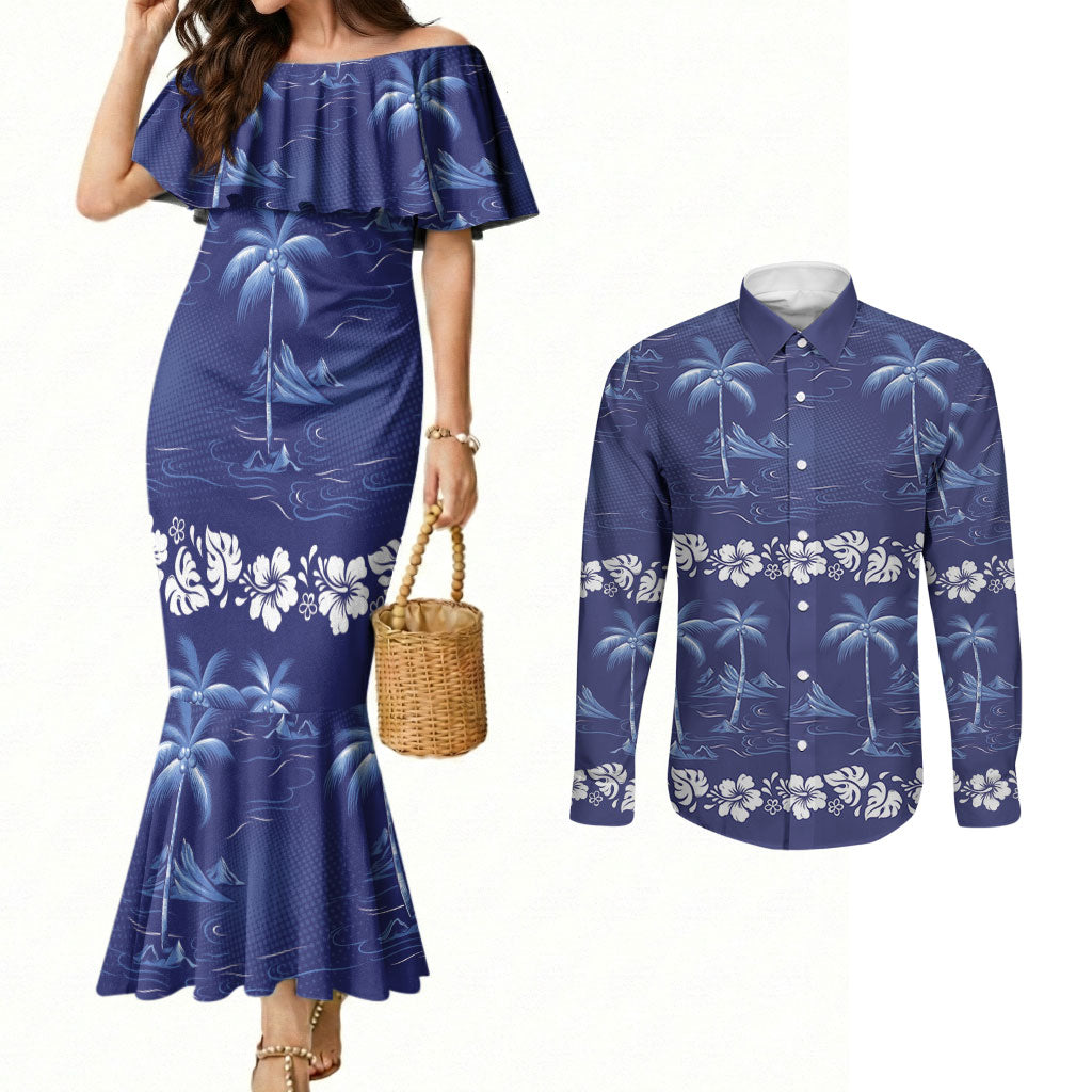 Blue Hawaii Palm Tree Hibiscus Couples Matching Mermaid Dress and Long Sleeve Button Shirt Fantasy Summer Vibe LT01 Blue - Polynesian Pride
