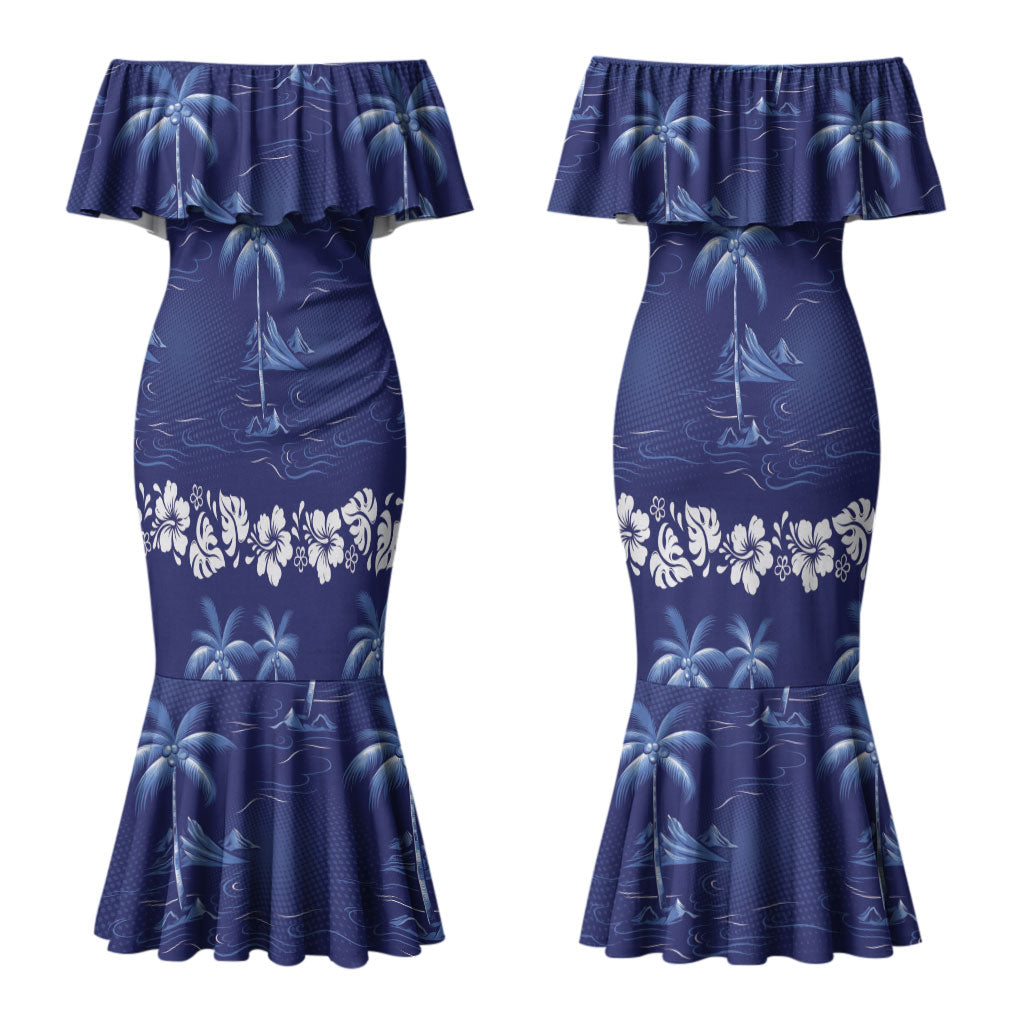 Blue Hawaii Palm Tree Hibiscus Couples Matching Mermaid Dress and Long Sleeve Button Shirt Fantasy Summer Vibe LT01 - Polynesian Pride