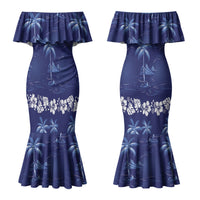 Blue Hawaii Palm Tree Hibiscus Couples Matching Mermaid Dress and Long Sleeve Button Shirt Fantasy Summer Vibe LT01 - Polynesian Pride