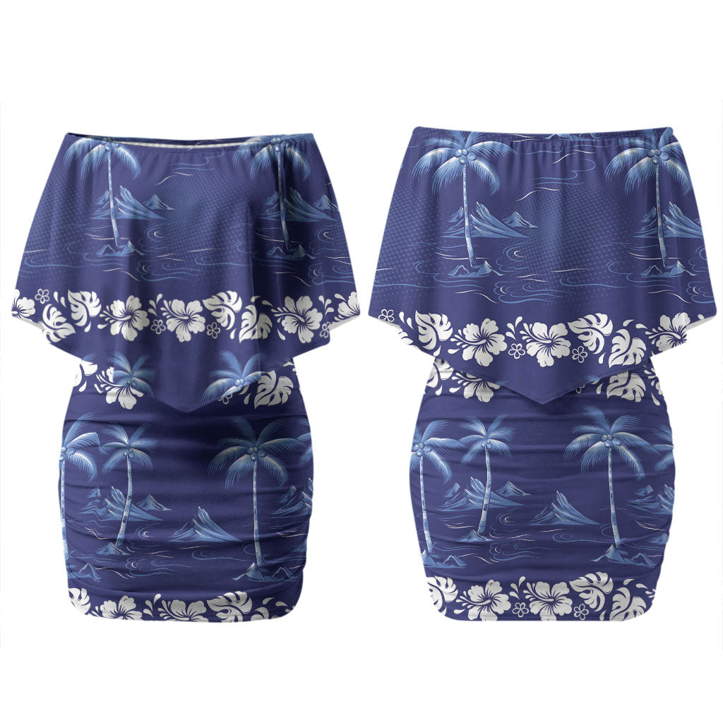 Blue Hawaii Palm Tree Hibiscus Couples Matching Off Shoulder Short Dress and Long Sleeve Button Shirt Fantasy Summer Vibe LT01 - Polynesian Pride