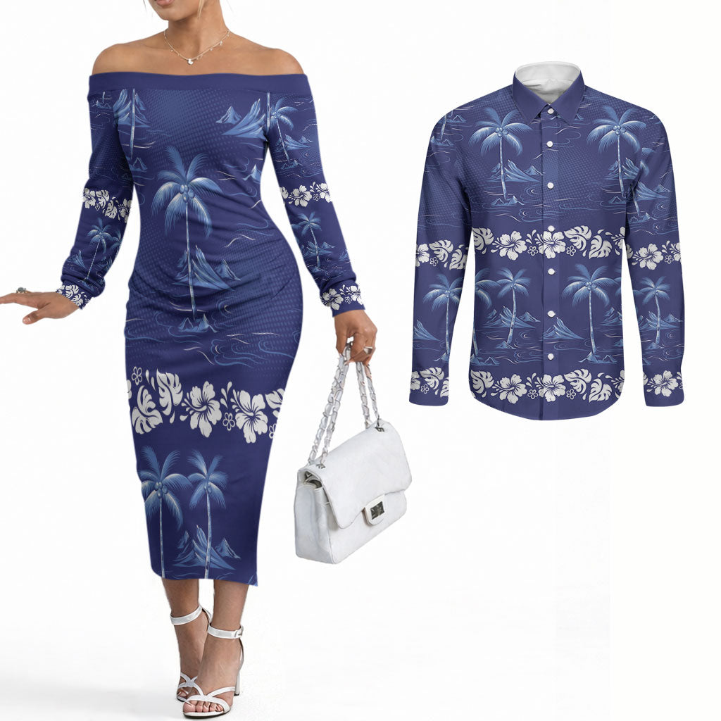 Blue Hawaii Palm Tree Hibiscus Couples Matching Off The Shoulder Long Sleeve Dress and Long Sleeve Button Shirt Fantasy Summer Vibe LT01 Blue - Polynesian Pride