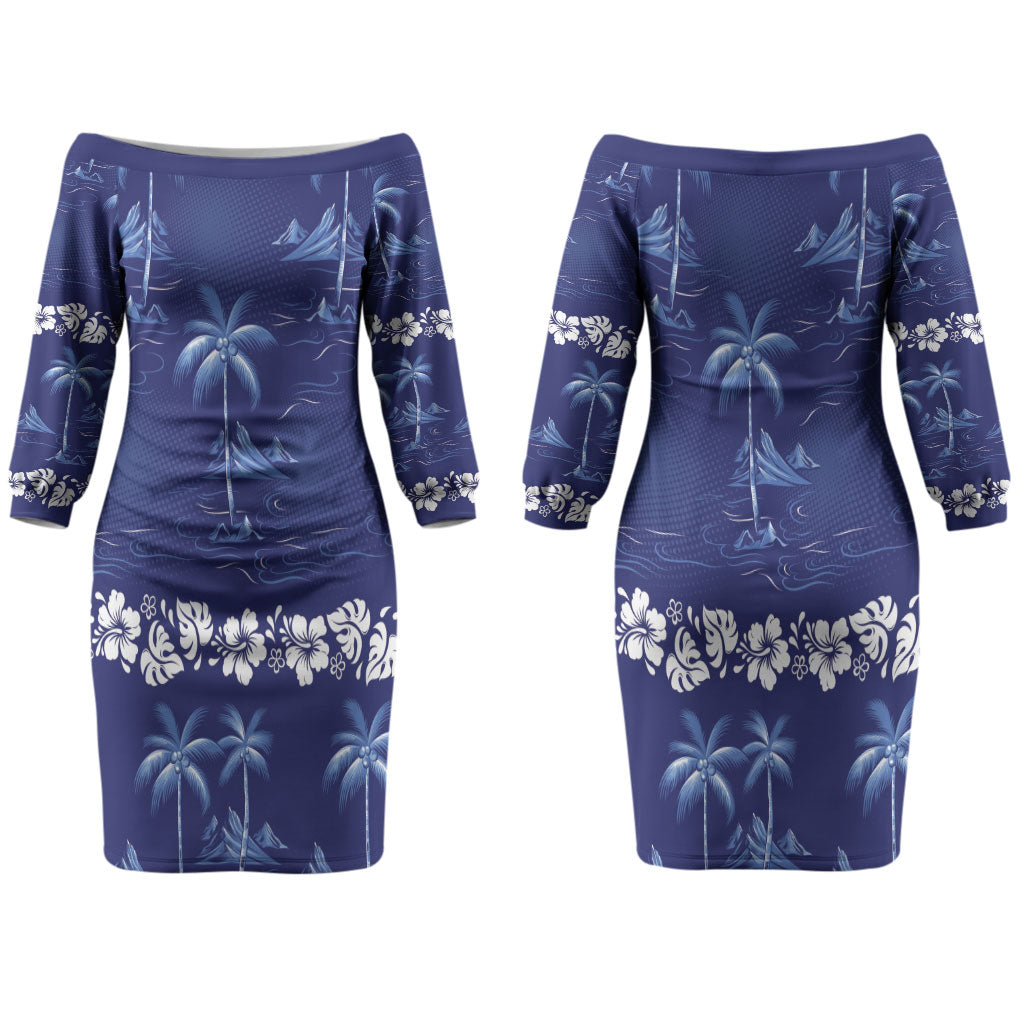 Blue Hawaii Palm Tree Hibiscus Couples Matching Off The Shoulder Long Sleeve Dress and Long Sleeve Button Shirt Fantasy Summer Vibe LT01 - Polynesian Pride