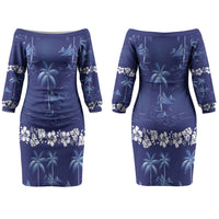 Blue Hawaii Palm Tree Hibiscus Couples Matching Off The Shoulder Long Sleeve Dress and Long Sleeve Button Shirt Fantasy Summer Vibe LT01 - Polynesian Pride