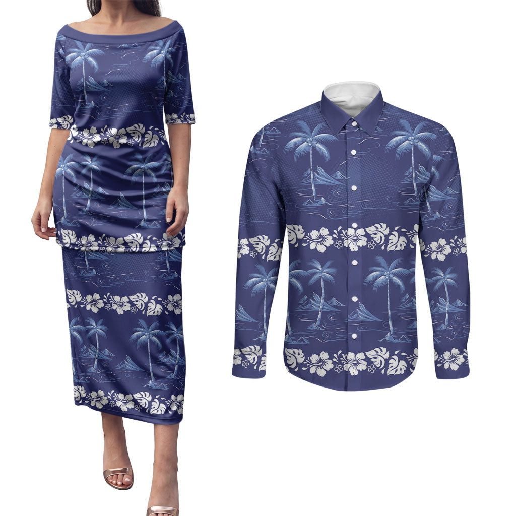 Blue Hawaii Palm Tree Hibiscus Couples Matching Puletasi and Long Sleeve Button Shirt Fantasy Summer Vibe LT01 Blue - Polynesian Pride