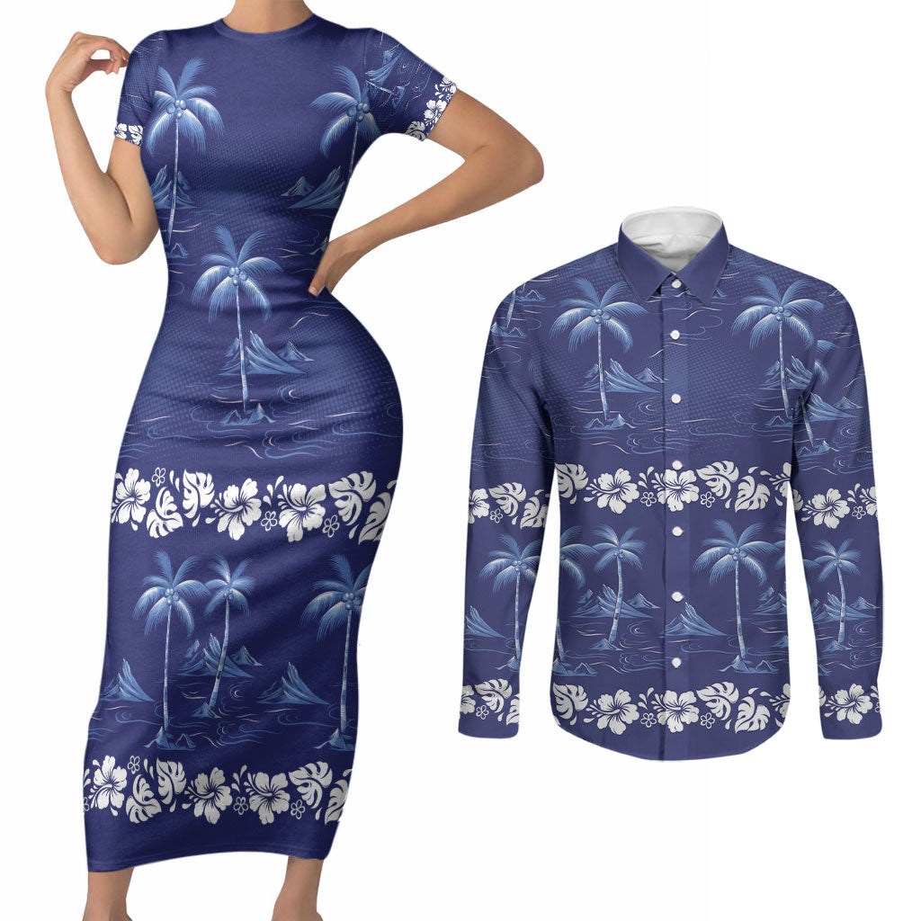 Blue Hawaii Palm Tree Hibiscus Couples Matching Short Sleeve Bodycon Dress and Long Sleeve Button Shirt Fantasy Summer Vibe LT01 Blue - Polynesian Pride