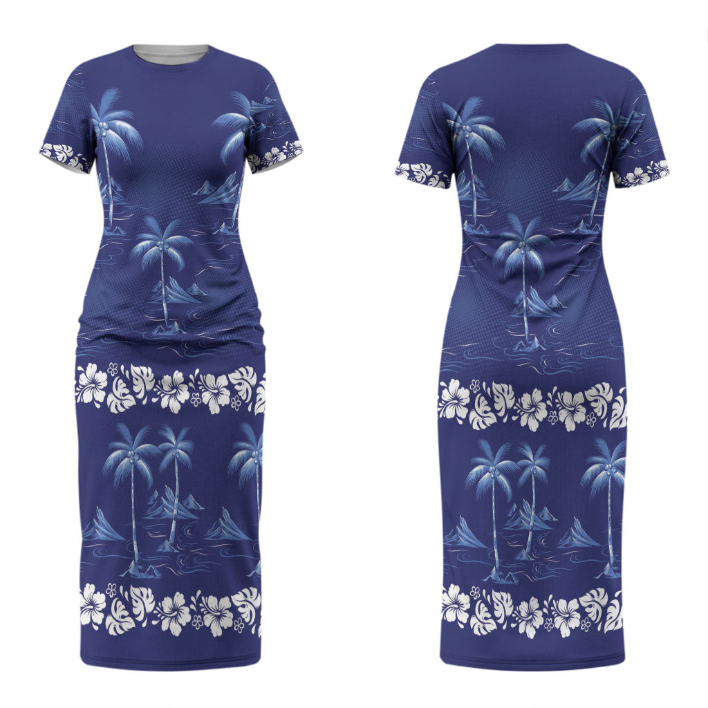 Blue Hawaii Palm Tree Hibiscus Couples Matching Short Sleeve Bodycon Dress and Long Sleeve Button Shirt Fantasy Summer Vibe LT01 - Polynesian Pride