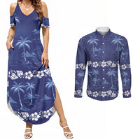 Blue Hawaii Palm Tree Hibiscus Couples Matching Summer Maxi Dress and Long Sleeve Button Shirt Fantasy Summer Vibe LT01 Blue - Polynesian Pride