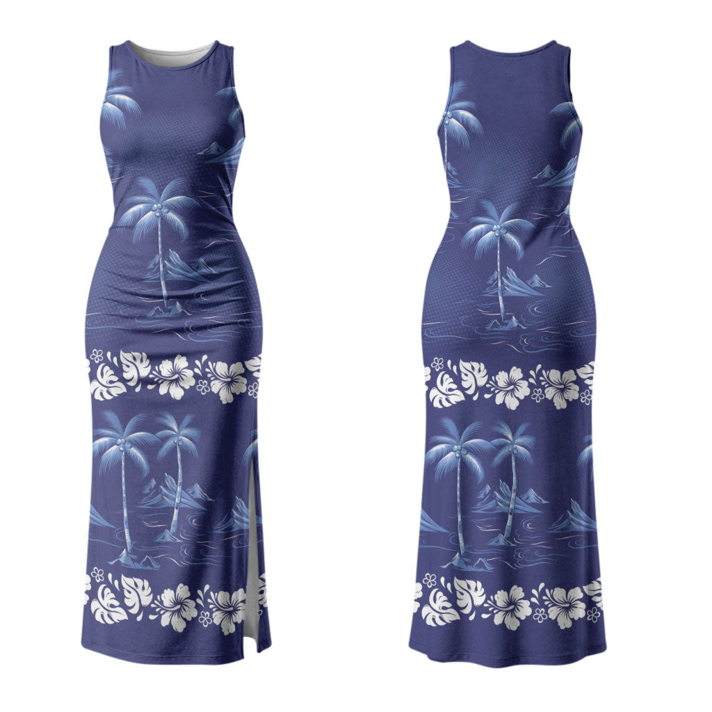 Blue Hawaii Palm Tree Hibiscus Couples Matching Tank Maxi Dress and Hawaiian Shirt Fantasy Summer Vibe LT01 - Polynesian Pride