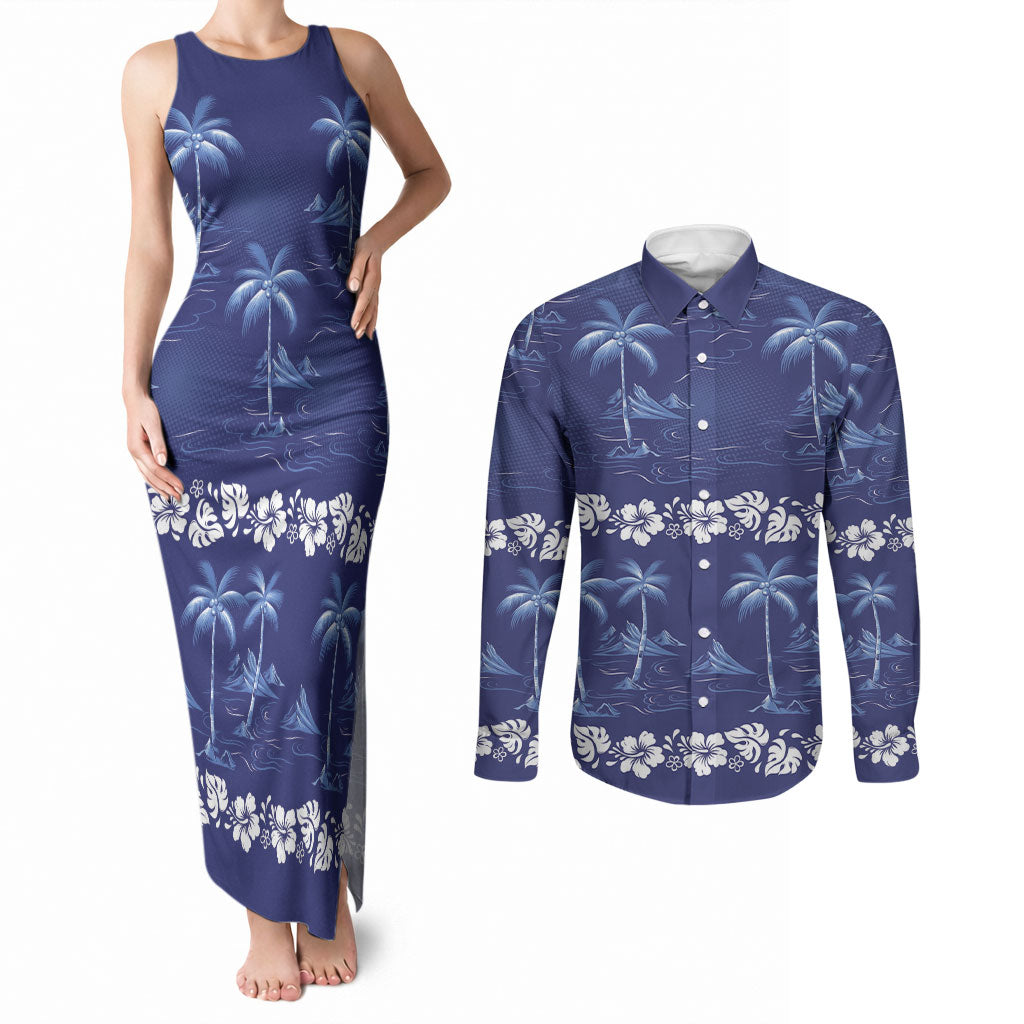 Blue Hawaii Palm Tree Hibiscus Couples Matching Tank Maxi Dress and Long Sleeve Button Shirt Fantasy Summer Vibe LT01 Blue - Polynesian Pride