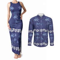 Blue Hawaii Palm Tree Hibiscus Couples Matching Tank Maxi Dress and Long Sleeve Button Shirt Fantasy Summer Vibe LT01 Blue - Polynesian Pride