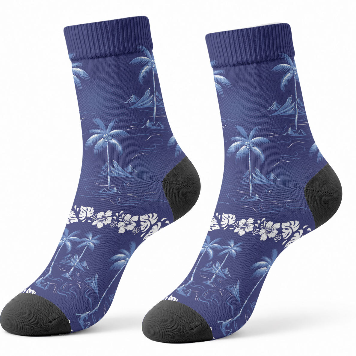 Blue Hawaii Palm Tree Hibiscus Crew Socks Fantasy Summer Vibe