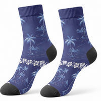Blue Hawaii Palm Tree Hibiscus Crew Socks Fantasy Summer Vibe