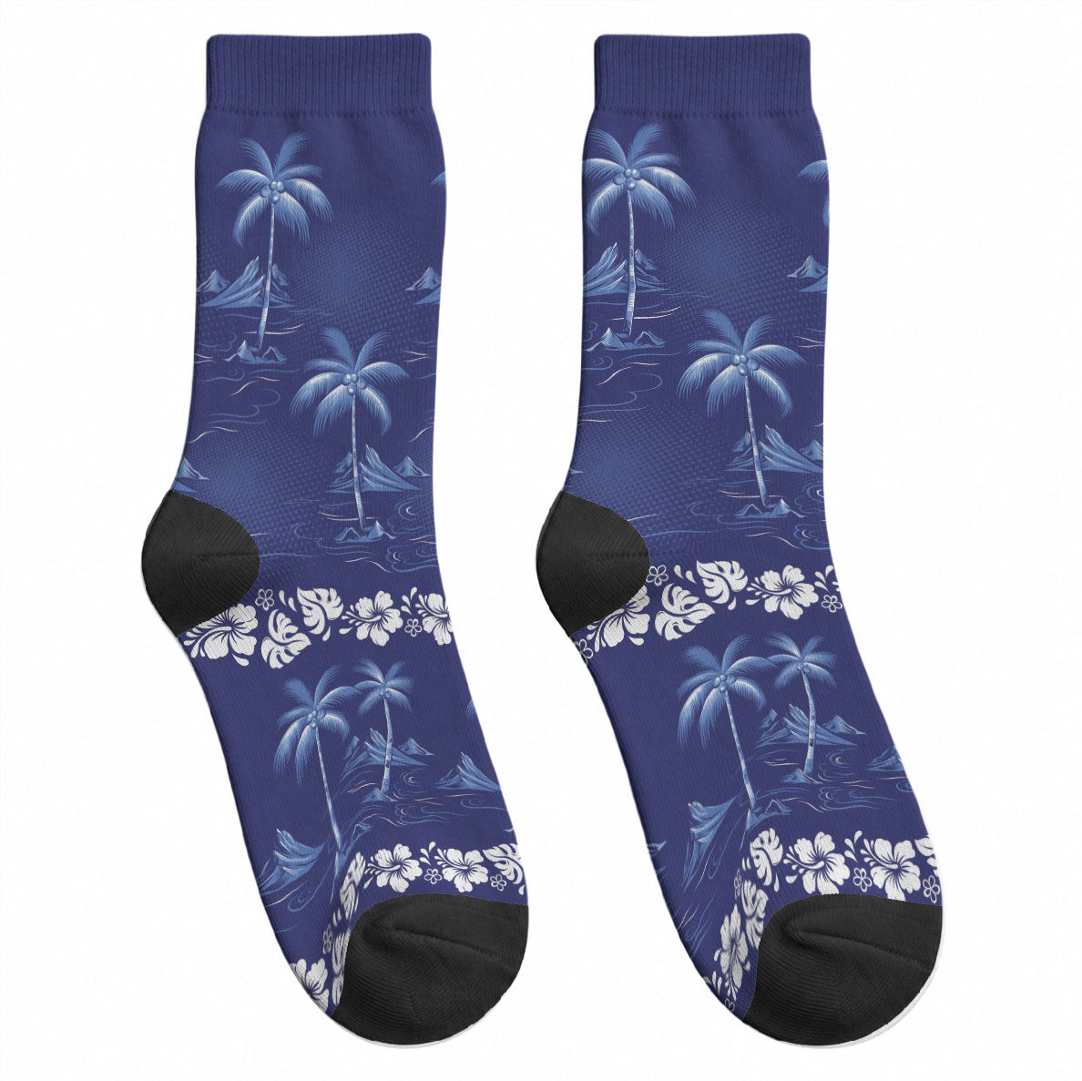 Blue Hawaii Palm Tree Hibiscus Crew Socks Fantasy Summer Vibe