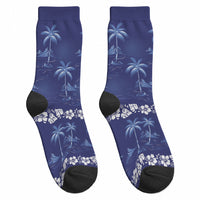 Blue Hawaii Palm Tree Hibiscus Crew Socks Fantasy Summer Vibe