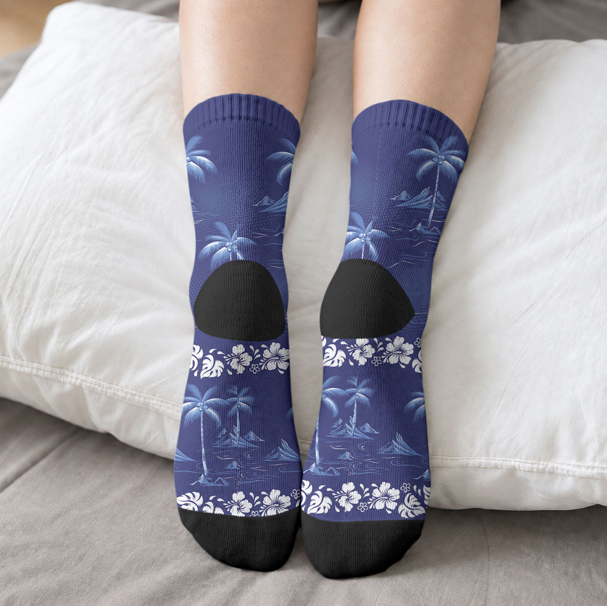 Blue Hawaii Palm Tree Hibiscus Crew Socks Fantasy Summer Vibe
