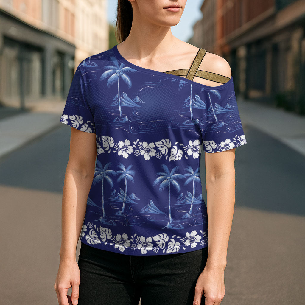 Blue Hawaii Palm Tree Hibiscus Cross Shoulder Shirt Fantasy Summer Vibe LT01 - Polynesian Pride