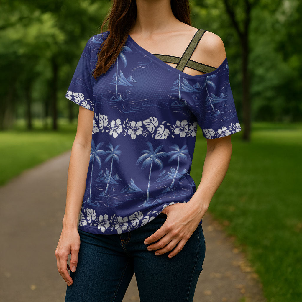 Blue Hawaii Palm Tree Hibiscus Cross Shoulder Shirt Fantasy Summer Vibe LT01 - Polynesian Pride