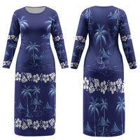 Blue Hawaii Palm Tree Hibiscus Family Matching Long Sleeve Bodycon Dress and Hawaiian Shirt Fantasy Summer Vibe LT01 Mom's Dress Blue - Polynesian Pride