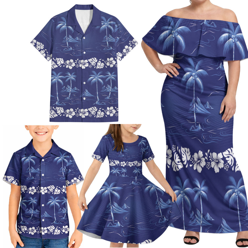 Blue Hawaii Palm Tree Hibiscus Family Matching Off Shoulder Maxi Dress and Hawaiian Shirt Fantasy Summer Vibe LT01 - Polynesian Pride