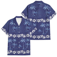 Blue Hawaii Palm Tree Hibiscus Family Matching Off Shoulder Maxi Dress and Hawaiian Shirt Fantasy Summer Vibe LT01 Dad's Shirt - Short Sleeve Blue - Polynesian Pride