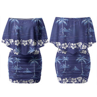Blue Hawaii Palm Tree Hibiscus Family Matching Off Shoulder Short Dress and Hawaiian Shirt Fantasy Summer Vibe LT01 Mom's Dress Blue - Polynesian Pride