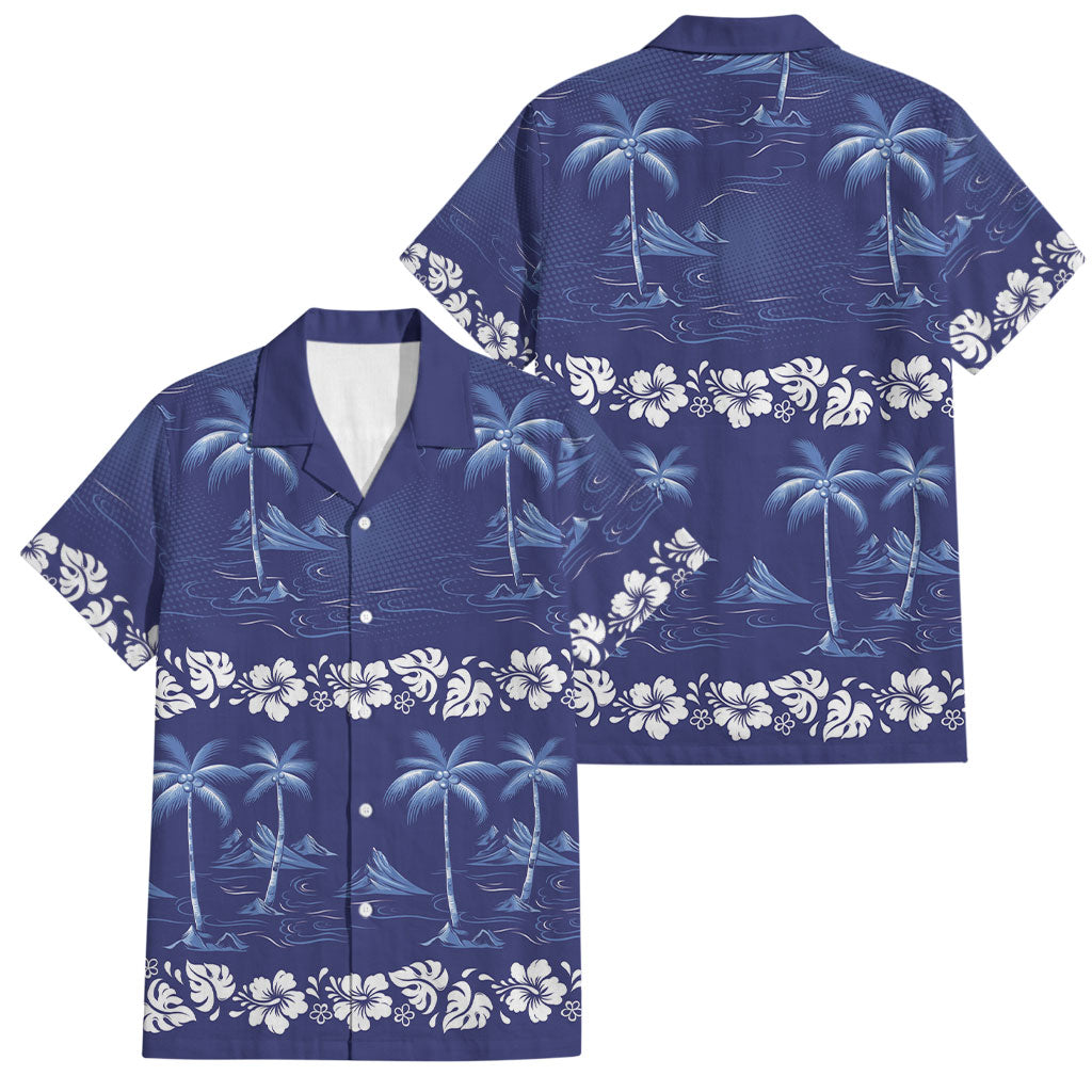 Blue Hawaii Palm Tree Hibiscus Family Matching Off Shoulder Short Dress and Hawaiian Shirt Fantasy Summer Vibe LT01 Dad's Shirt - Short Sleeve Blue - Polynesian Pride