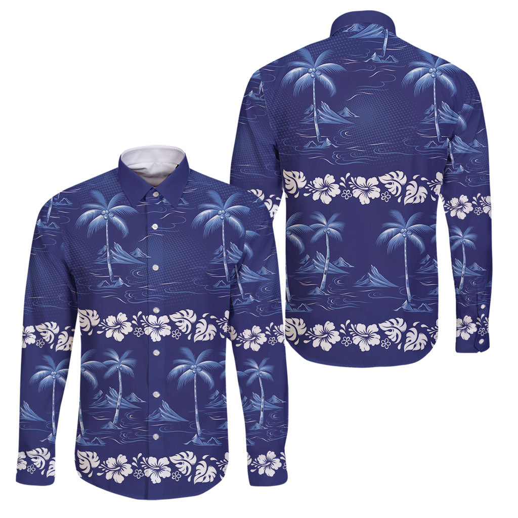Blue Hawaii Palm Tree Hibiscus Family Matching Off Shoulder Short Dress and Hawaiian Shirt Fantasy Summer Vibe LT01 Dad's Shirt - Long Sleeve Blue - Polynesian Pride