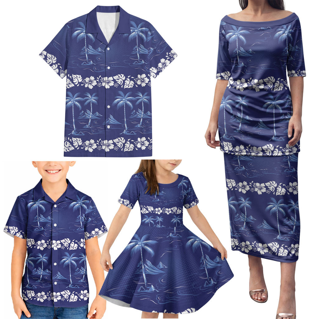 Blue Hawaii Palm Tree Hibiscus Family Matching Puletasi and Hawaiian Shirt Fantasy Summer Vibe LT01 - Polynesian Pride