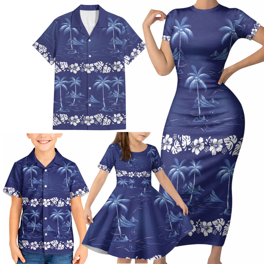 Blue Hawaii Palm Tree Hibiscus Family Matching Short Sleeve Bodycon Dress and Hawaiian Shirt Fantasy Summer Vibe