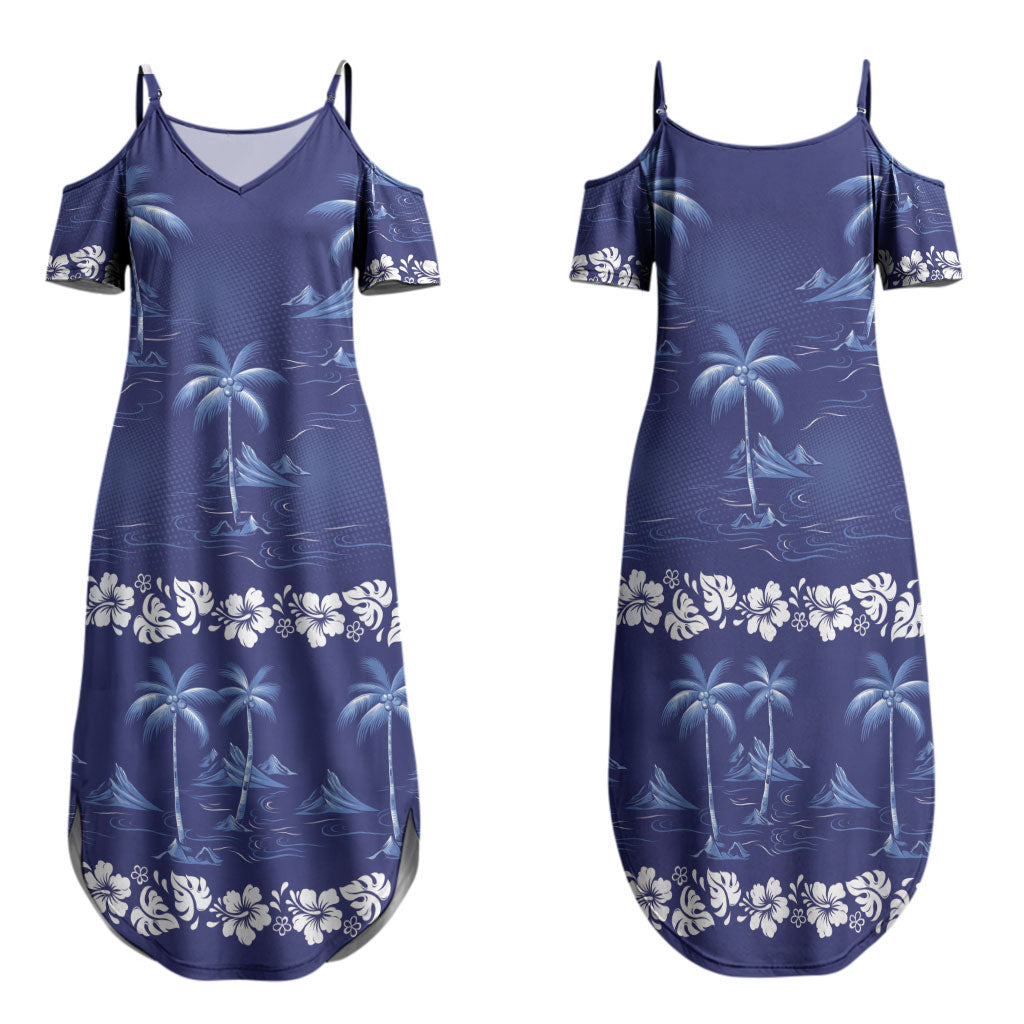 Blue Hawaii Palm Tree Hibiscus Family Matching Summer Maxi Dress and Hawaiian Shirt Fantasy Summer Vibe LT01 Mom's Dress Blue - Polynesian Pride