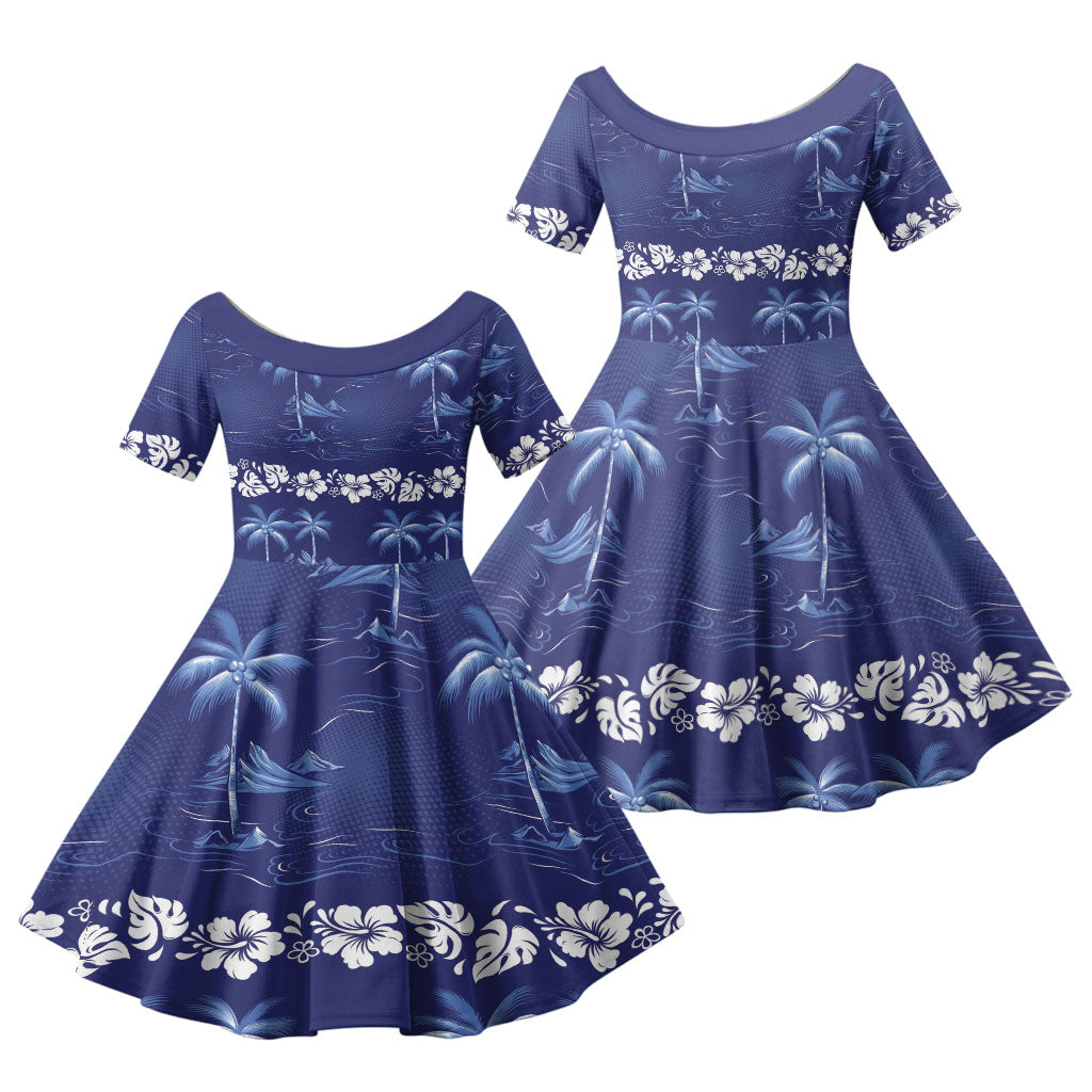 Blue Hawaii Palm Tree Hibiscus Family Matching Summer Maxi Dress and Hawaiian Shirt Fantasy Summer Vibe LT01 Daughter's Dress Blue - Polynesian Pride