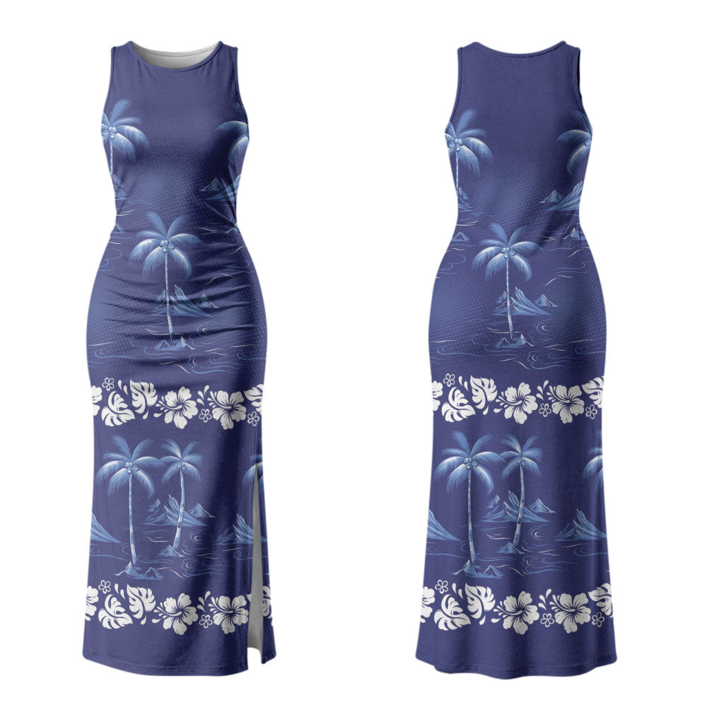 Blue Hawaii Palm Tree Hibiscus Family Matching Tank Maxi Dress and Hawaiian Shirt Fantasy Summer Vibe LT01 Mom's Dress Blue - Polynesian Pride