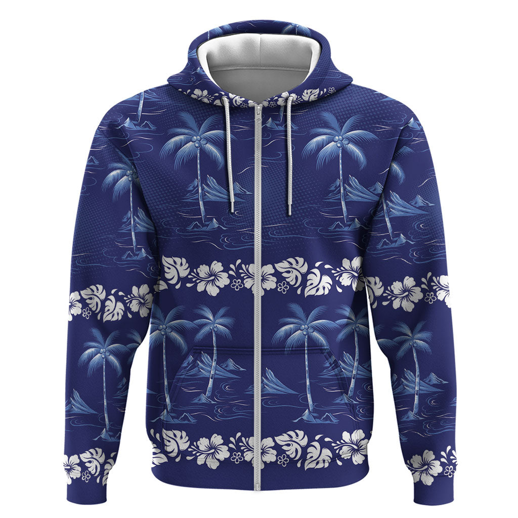 Blue Hawaii Palm Tree Hibiscus Hoodie Fantasy Summer Vibe LT01 Zip Hoodie Blue - Polynesian Pride