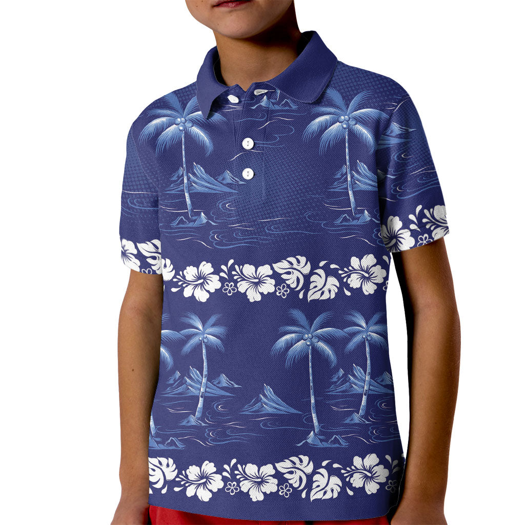 Blue Hawaii Palm Tree Hibiscus Kid Polo Shirt Fantasy Summer Vibe LT01 Kid Blue - Polynesian Pride