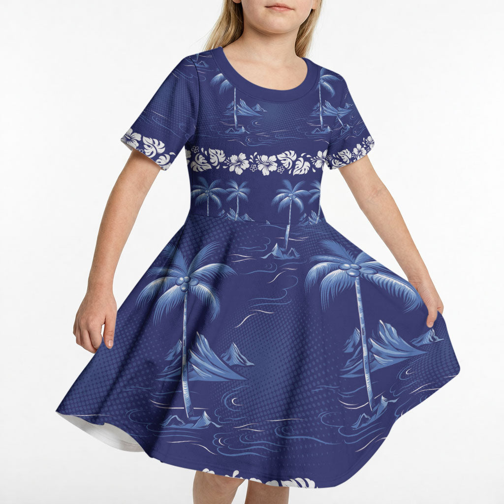 Blue Hawaii Palm Tree Hibiscus Kid Short Sleeve Dress Fantasy Summer Vibe LT01 - Polynesian Pride