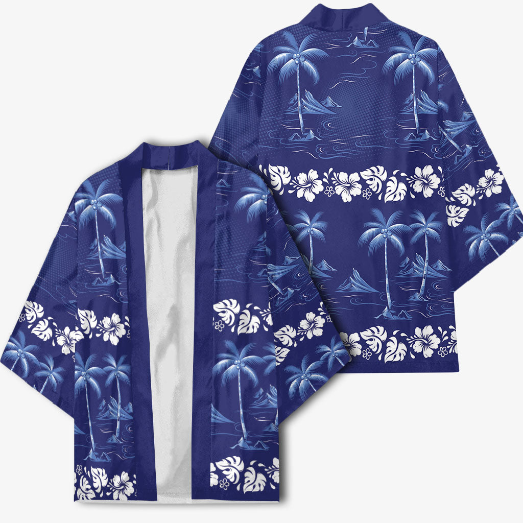 Blue Hawaii Palm Tree Hibiscus Kimono Fantasy Summer Vibe LT01 - Polynesian Pride