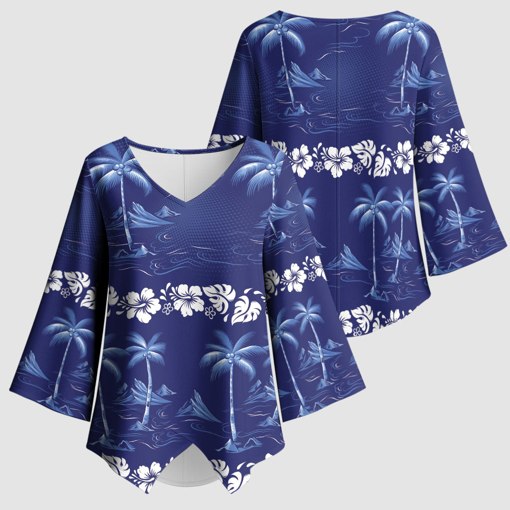 Blue Hawaii Palm Tree Hibiscus Kimono Sleeve Blouse Fantasy Summer Vibe LT01 - Polynesian Pride