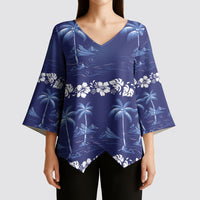Blue Hawaii Palm Tree Hibiscus Kimono Sleeve Blouse Fantasy Summer Vibe LT01 - Polynesian Pride