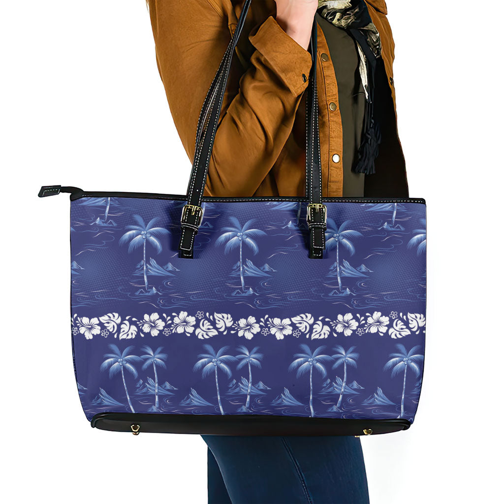 Blue Hawaii Palm Tree Hibiscus Leather Tote Bag Fantasy Summer Vibe LT01 - Polynesian Pride