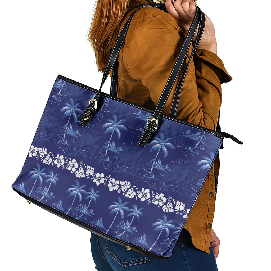 Blue Hawaii Palm Tree Hibiscus Leather Tote Bag Fantasy Summer Vibe LT01 - Polynesian Pride