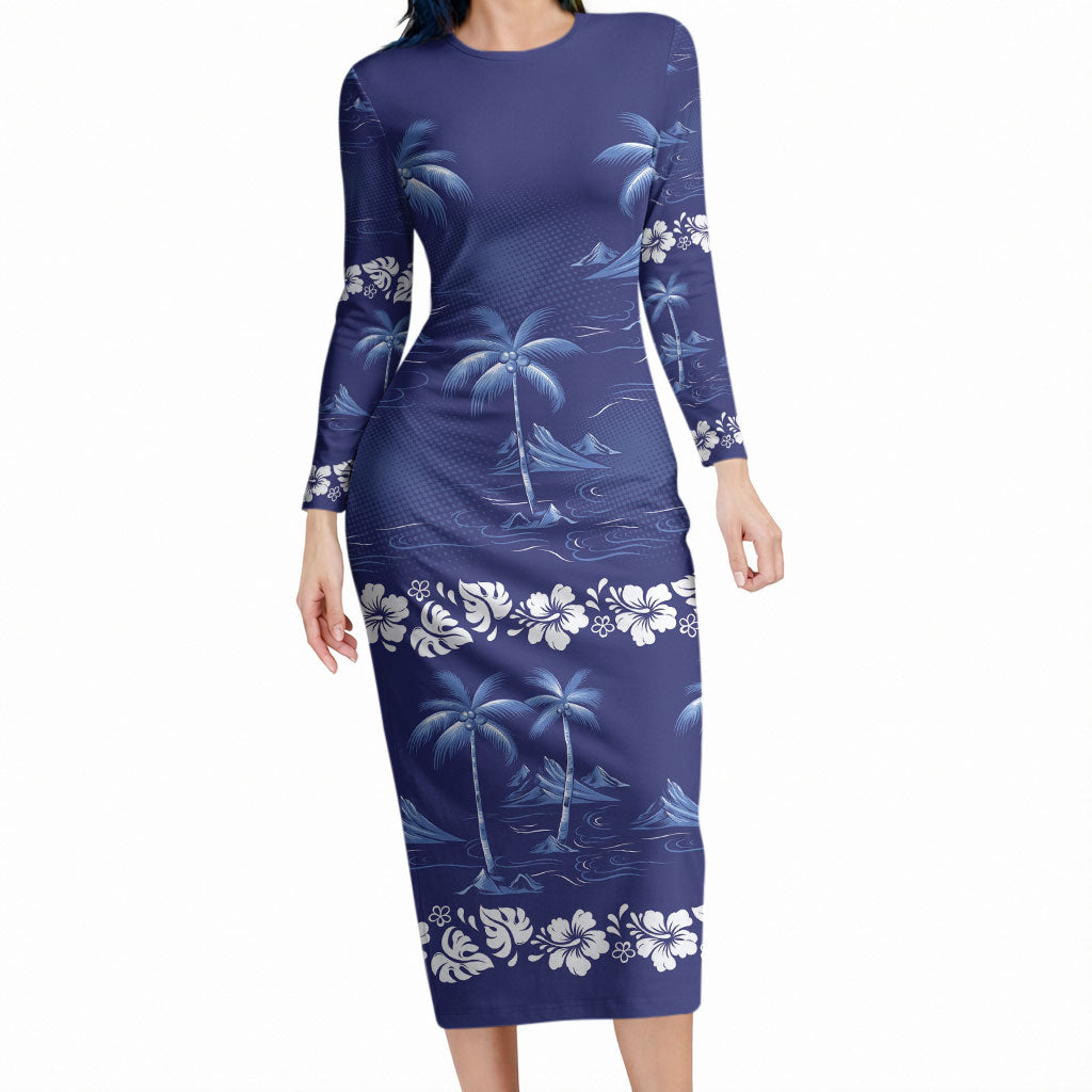 Blue Hawaii Palm Tree Hibiscus Long Sleeve Bodycon Dress Fantasy Summer Vibe LT01 Long Dress Blue - Polynesian Pride