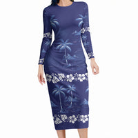 Blue Hawaii Palm Tree Hibiscus Long Sleeve Bodycon Dress Fantasy Summer Vibe LT01 Long Dress Blue - Polynesian Pride