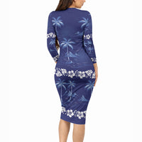 Blue Hawaii Palm Tree Hibiscus Long Sleeve Bodycon Dress Fantasy Summer Vibe LT01 - Polynesian Pride